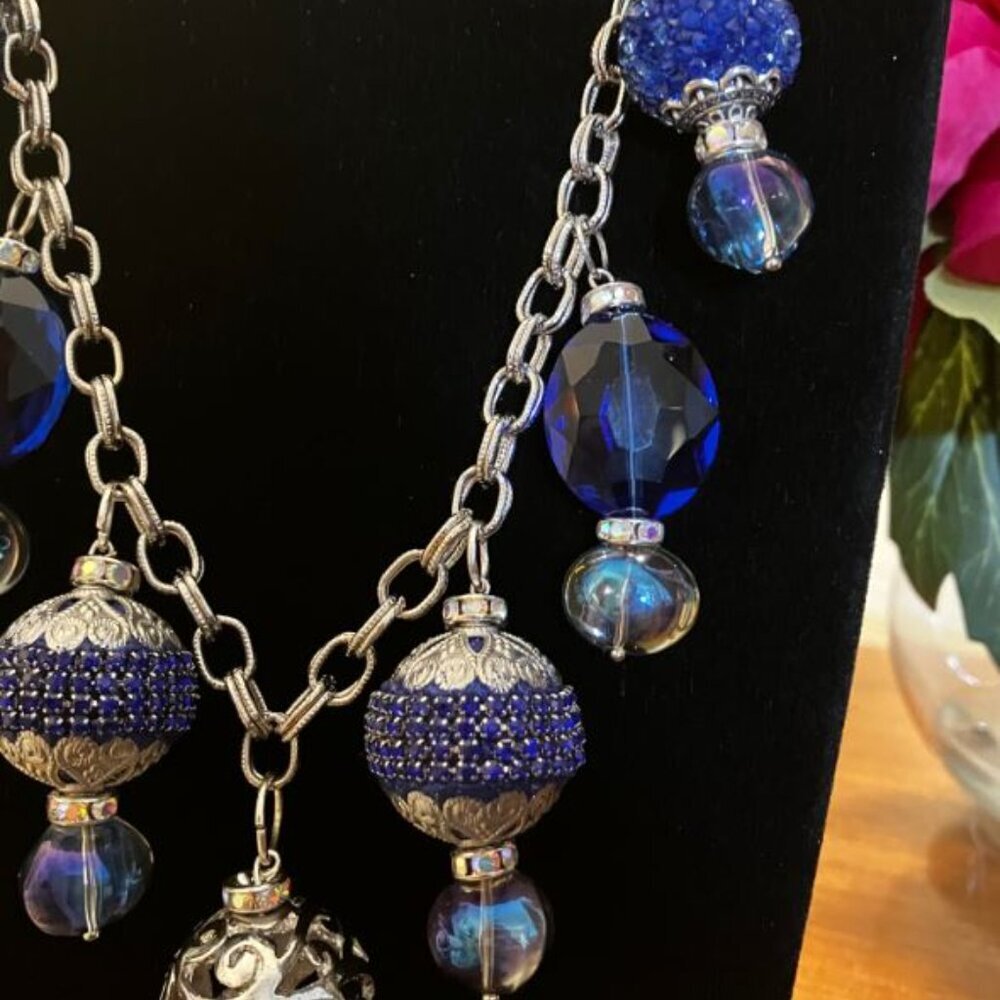 Handcrafted Double-Link Silver/Navy Bead Necklace Three-Time PoshParty Host Pick - Picture 9 of 16